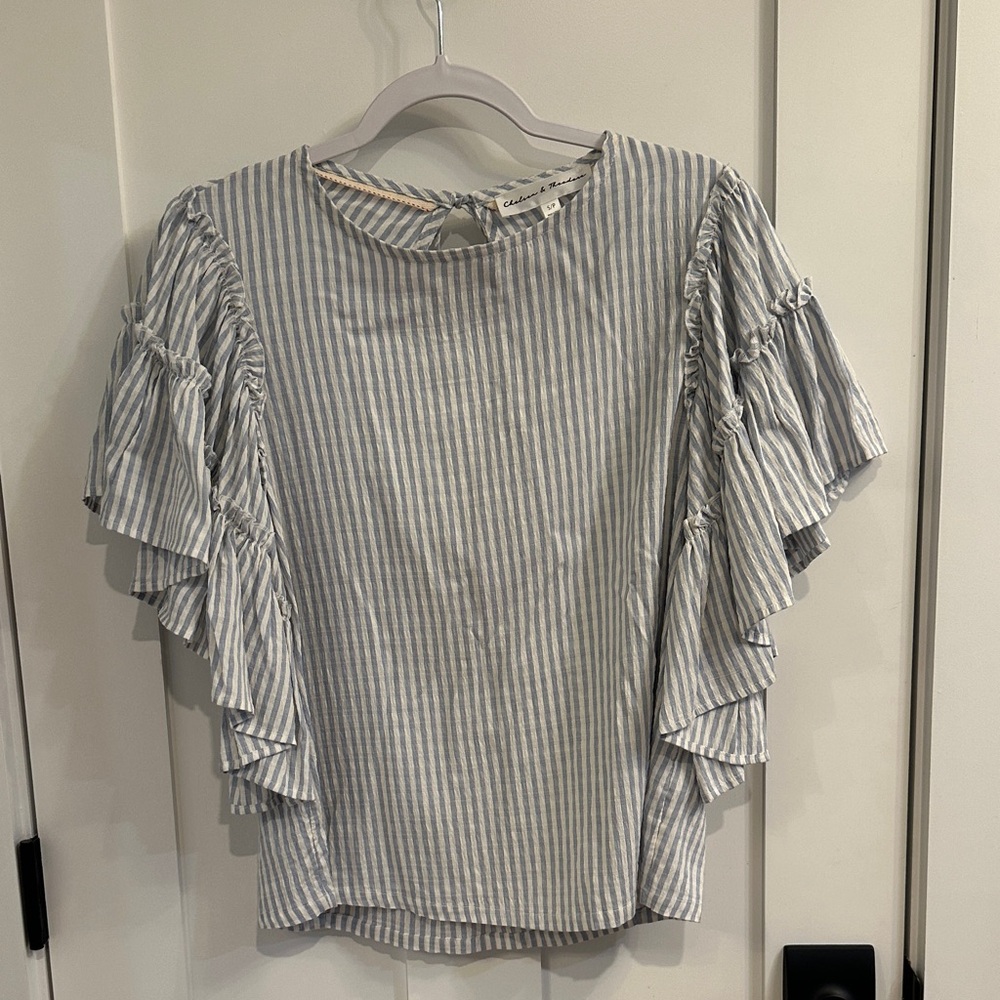 Madewell Blue and White Striped Ruffle Sleeve Blouse